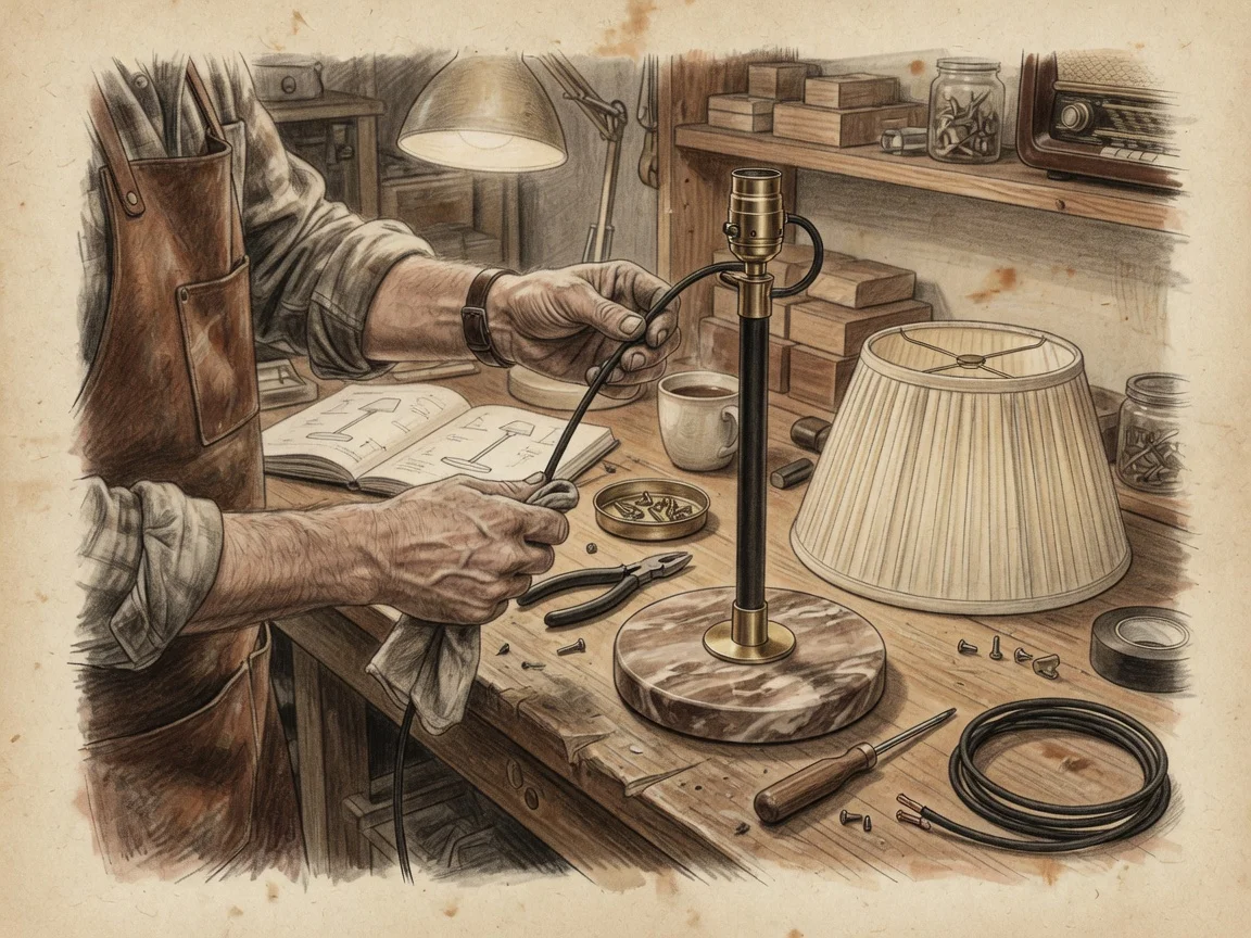 Charcoal-style illustration of a craftsman carefully making a lamp